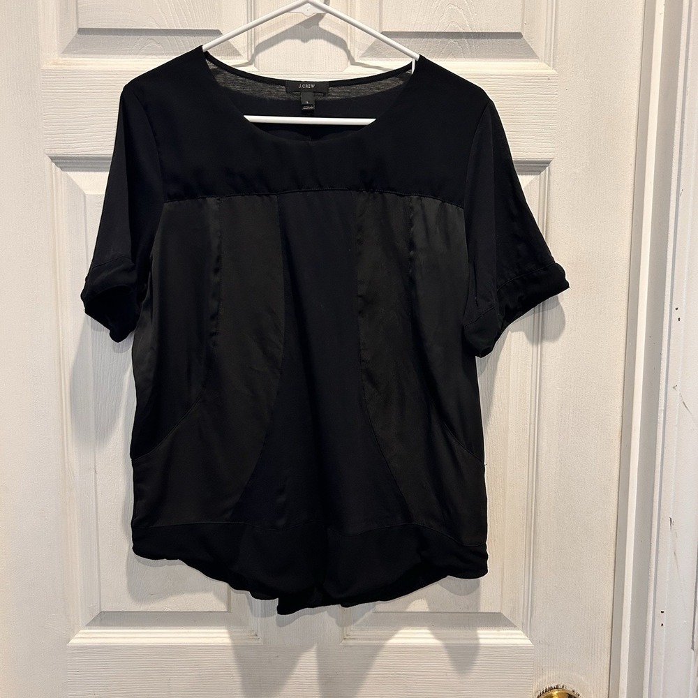 J.Crew Black Mixed Media Satin Panel Short Sleeve Blouse Top Large Minimalist